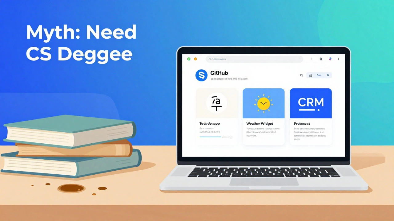Split-screen: outdated myths on one side, live coding projects on GitHub on the other, modern digital illustration.