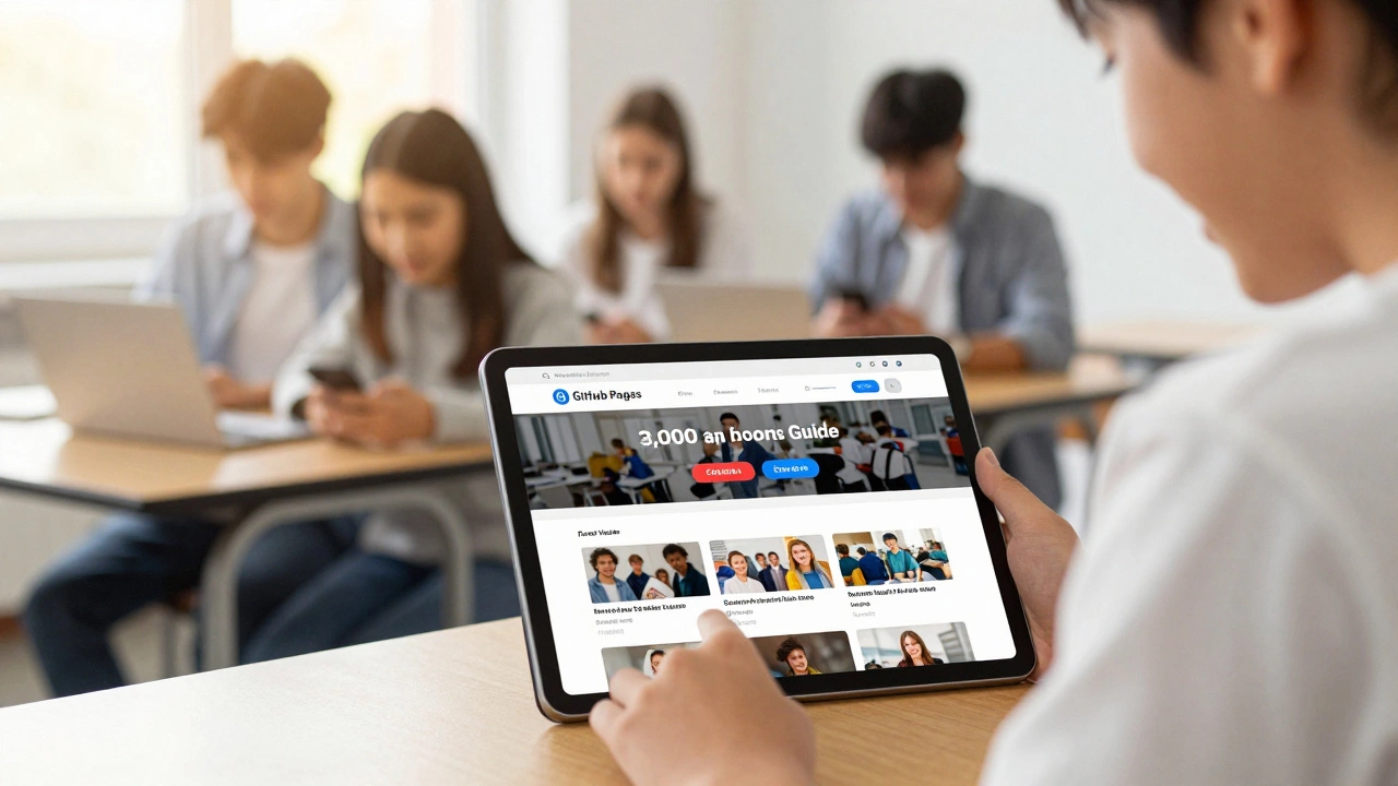 Student viewing a popular website on tablet with visitor counter, surrounded by peers.