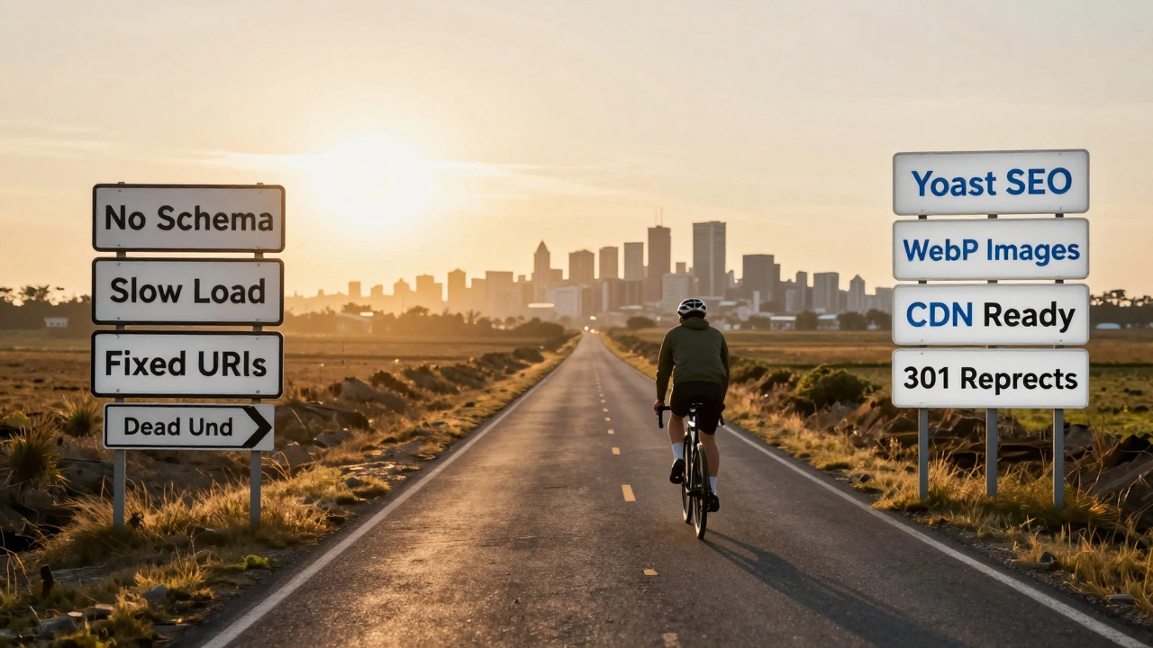 Two diverging roads: one blocked and dark, the other bright and leading to top search rankings, symbolizing Wix vs WordPress SEO.