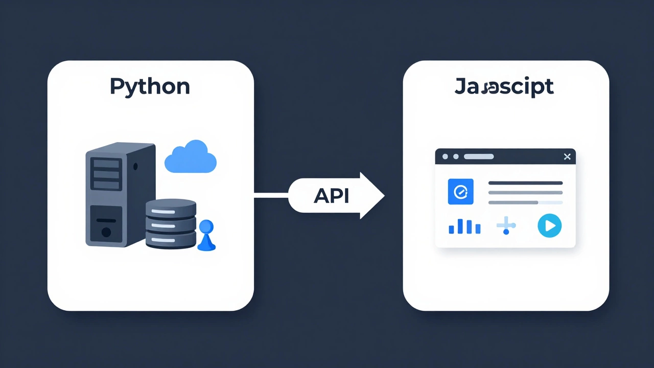 Two parallel paths: Python leads to server infrastructure, JavaScript leads to interactive browser elements, connected by an API arrow.