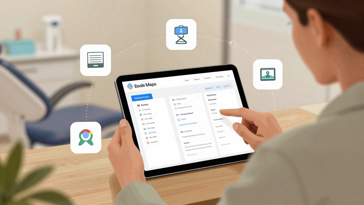 A business owner examining a website dashboard with key features like booking and SEO icons in a dental clinic setting.