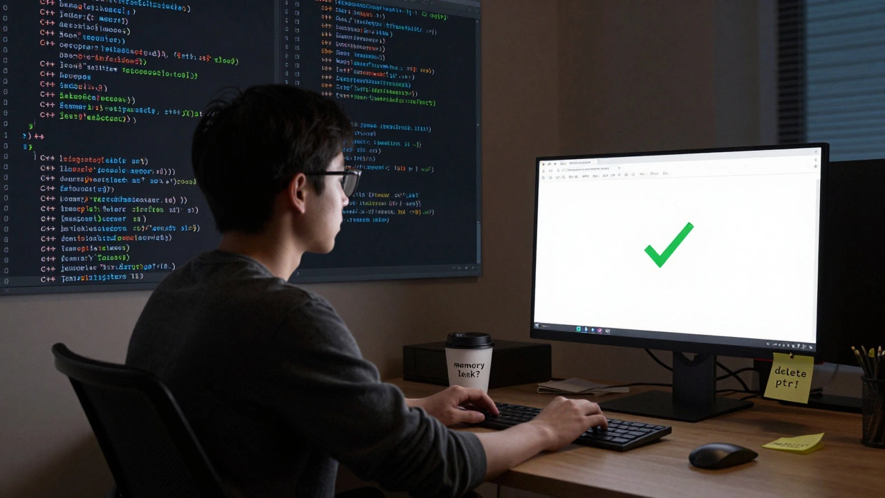 A developer facing a wall of cryptic C++ compiler errors, while a simple Python script runs successfully beside them.