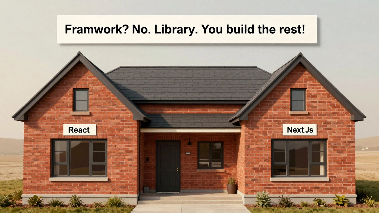 A house built from bricks labeled 'React' with customizable add-ons like routing and state tools, illustrating React as a library.