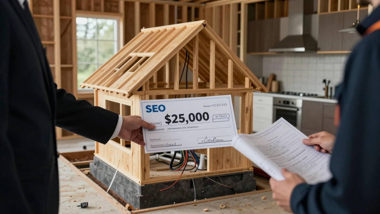 A house construction metaphor showing website components as building elements, with a client paying for advanced features.