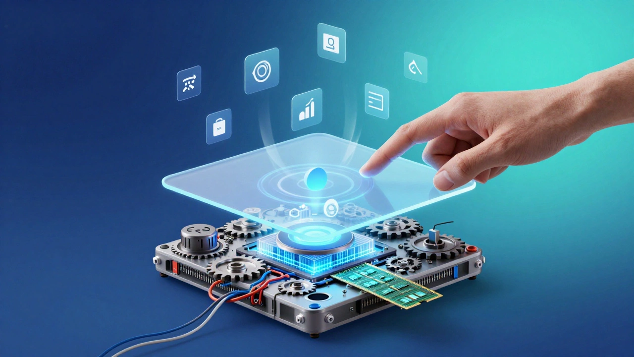 An abstract view of a C++ engine beneath a smooth Python interface, with tools like APIs and data icons flowing above.