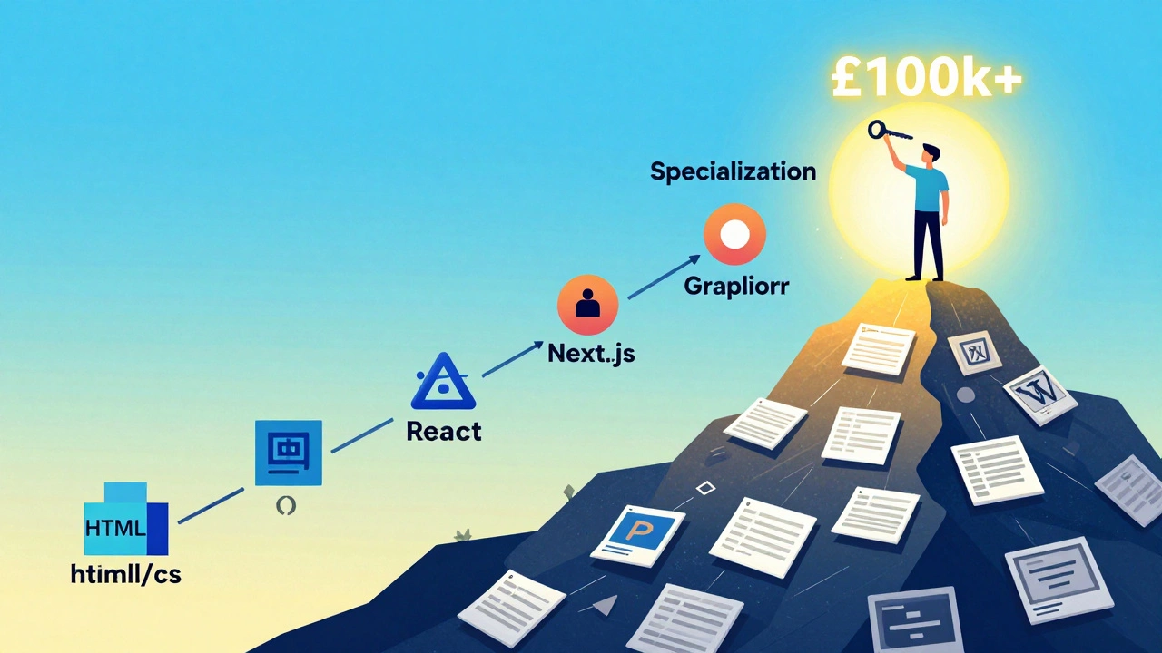 Career path illustration showing progression from basic coding to high-paying specialization with symbolic summit