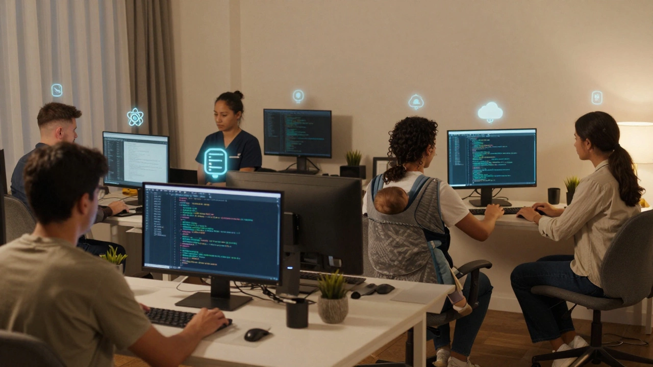 Diverse individuals learning to code at home, each with small tech icons above their screens, representing their journey.