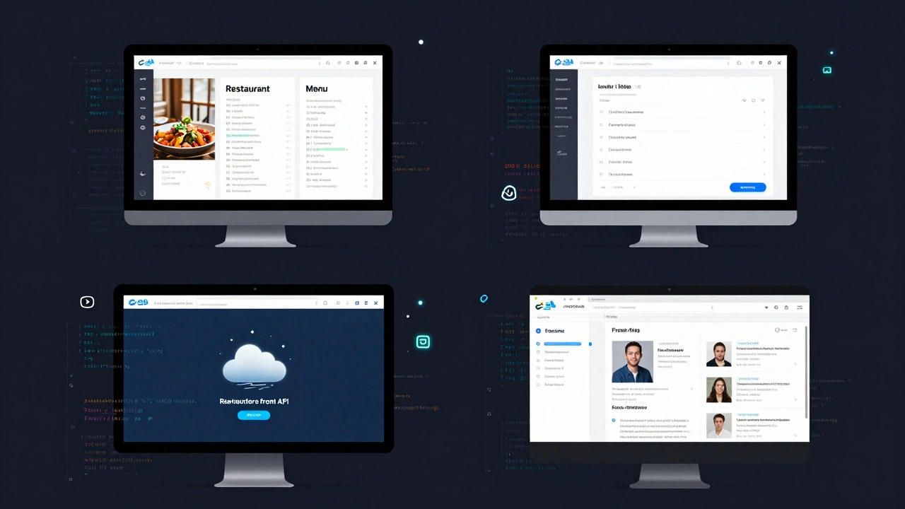 Four progressive web projects shown on monitors: static page, interactive to-do list, weather app, and blog interface.