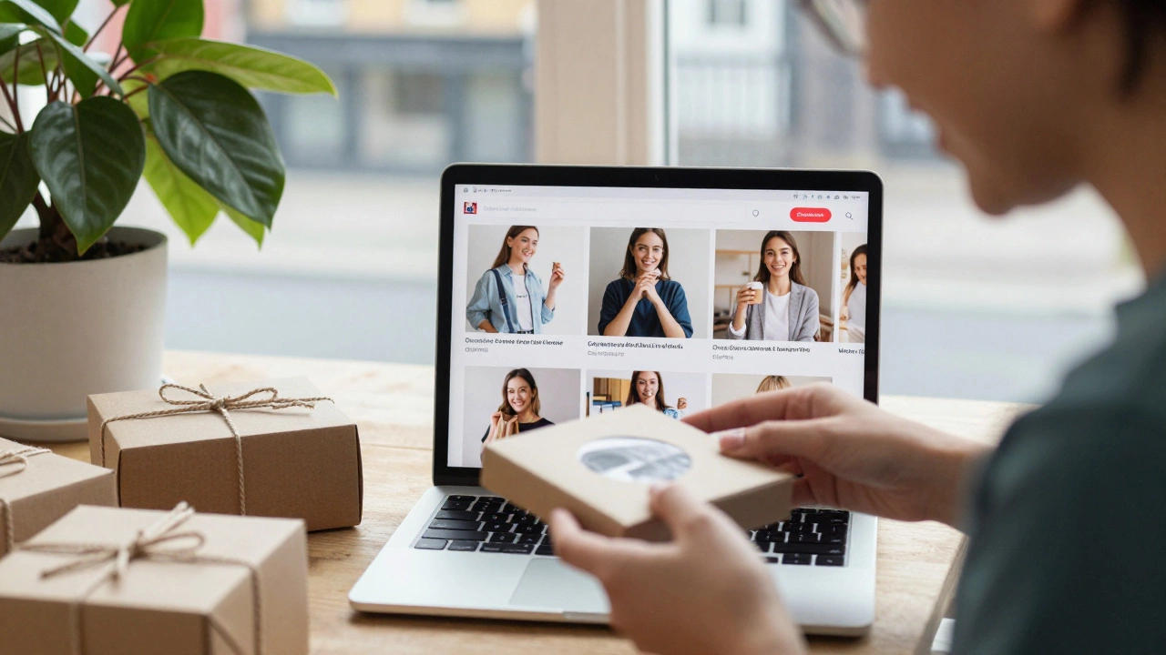 Someone filming a TikTok video of unboxing a product, with a small online store visible on their laptop screen.