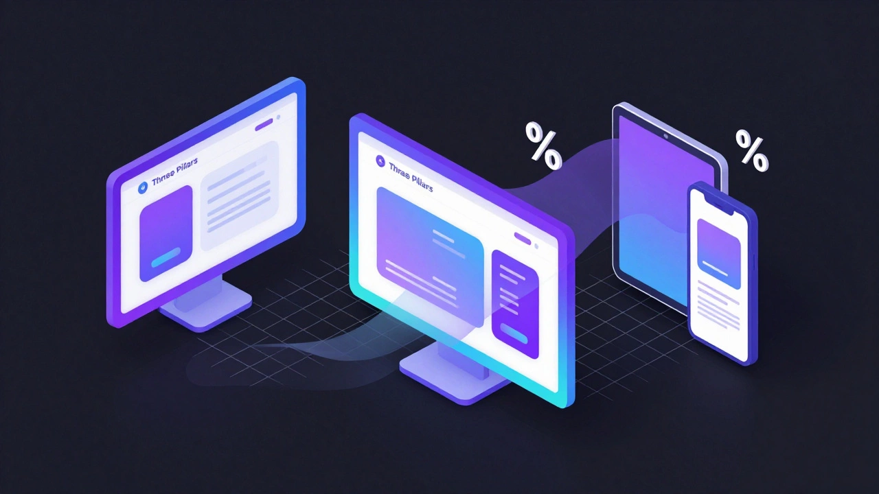 3D illustration of a website layout fluidly adapting across a monitor, tablet, and phone.