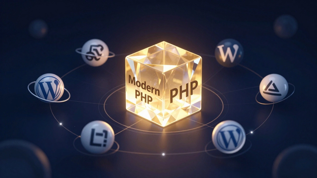 A conceptual 3D illustration of the modern PHP ecosystem with Laravel and WordPress