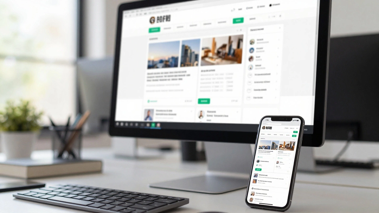 A desktop monitor and smartphone side-by-side displaying a responsive website layout.