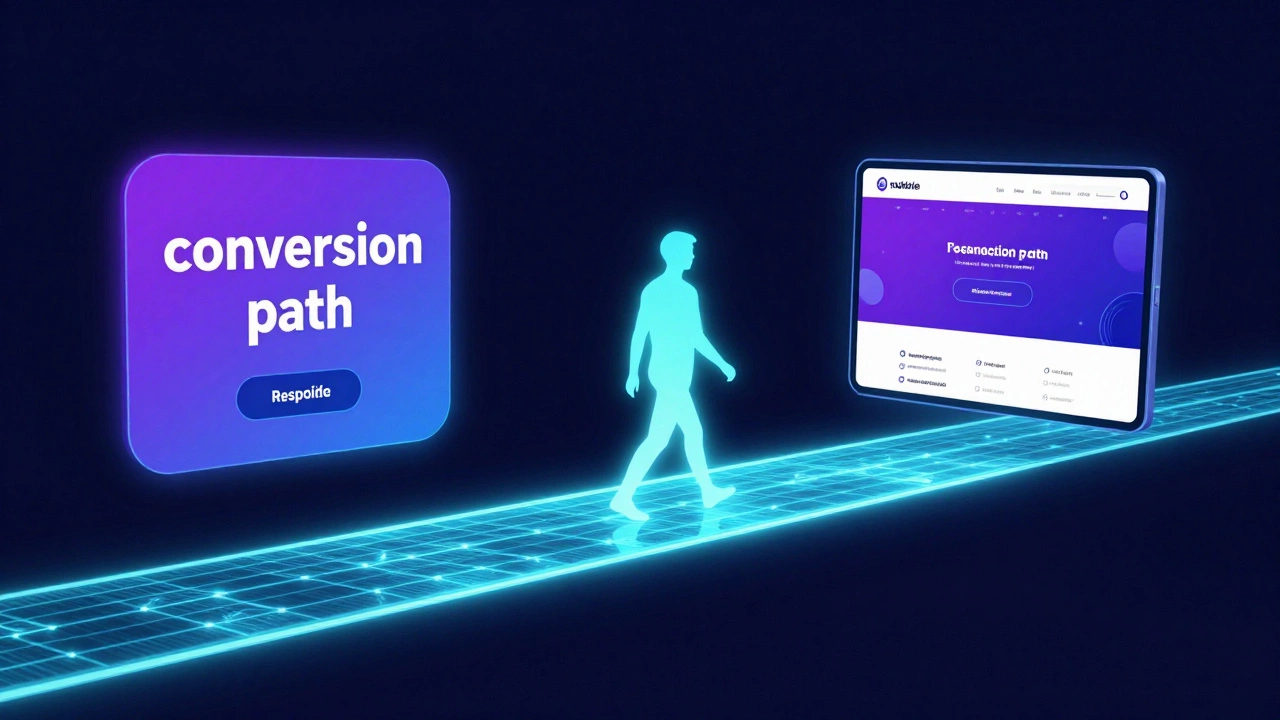 A glowing digital bridge connecting a responsive ad to a mobile-optimized website.