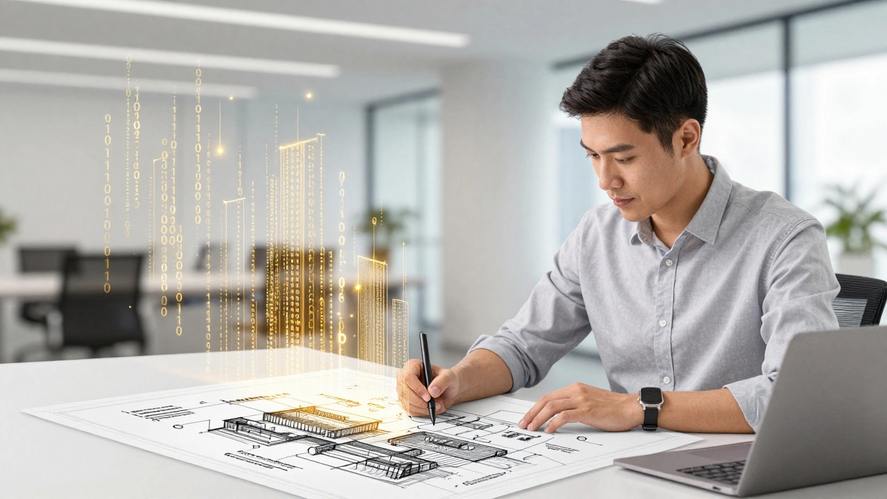A human developer and AI collaborating on a complex website architecture blueprint.