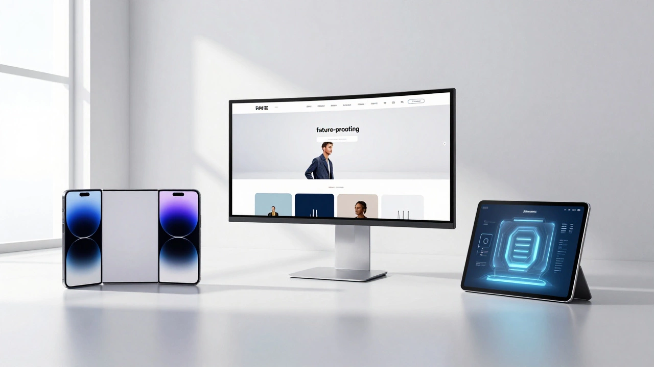 A single website perfectly displayed across various futuristic devices including a foldable phone.