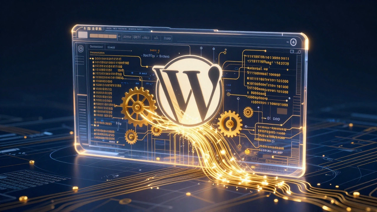 Conceptual digital art of PHP code and glowing gears powering a website's internal structure