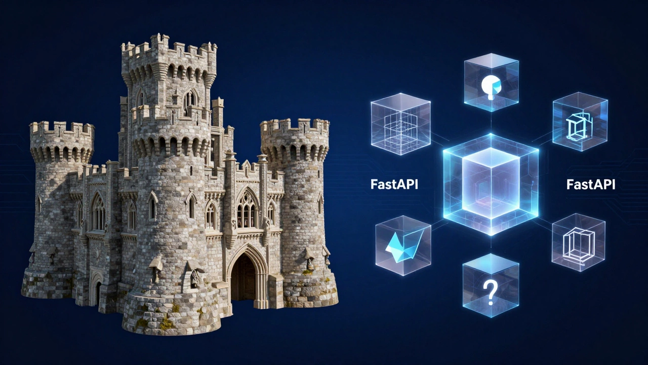 Contrast between a heavy stone castle and lightweight, glowing futuristic digital modules.