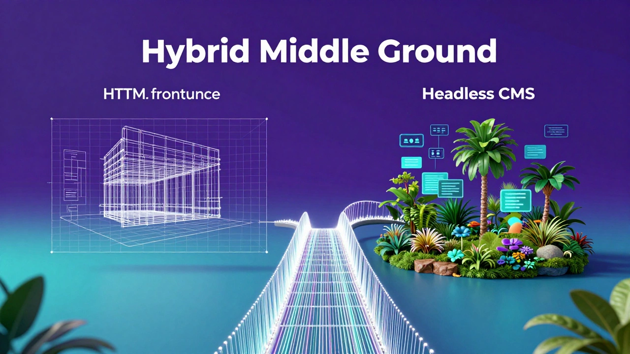 Digital bridge connecting a technical blueprint to a data garden, symbolizing a headless CMS.