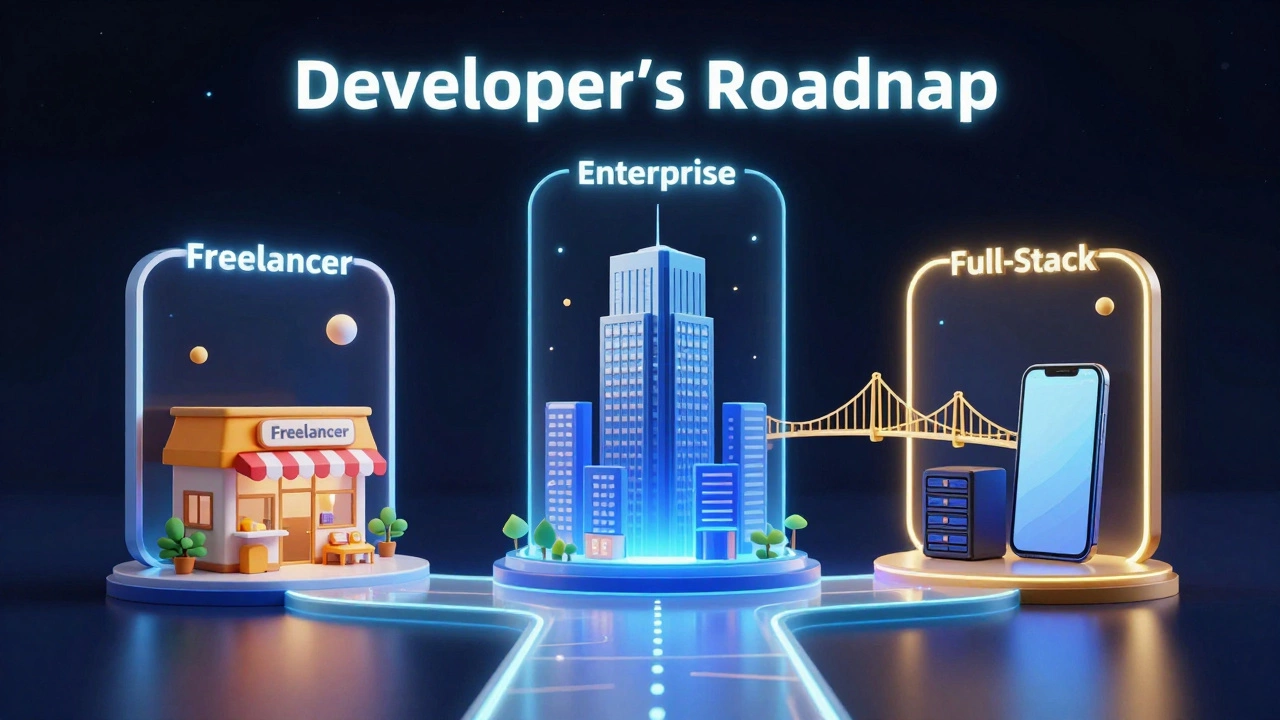 Glowing conceptual roadmap showing different PHP career paths.