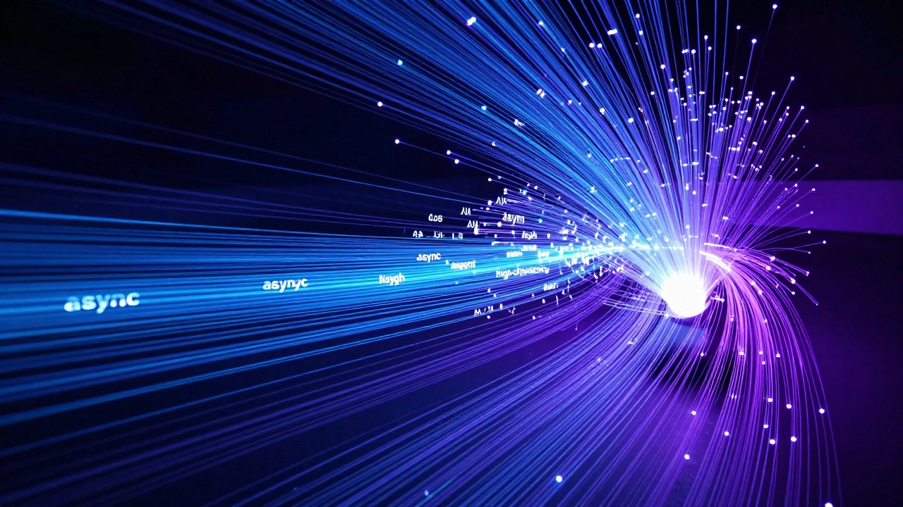 Glowing neon light streams flowing through a digital network representing high-speed data concurrency.