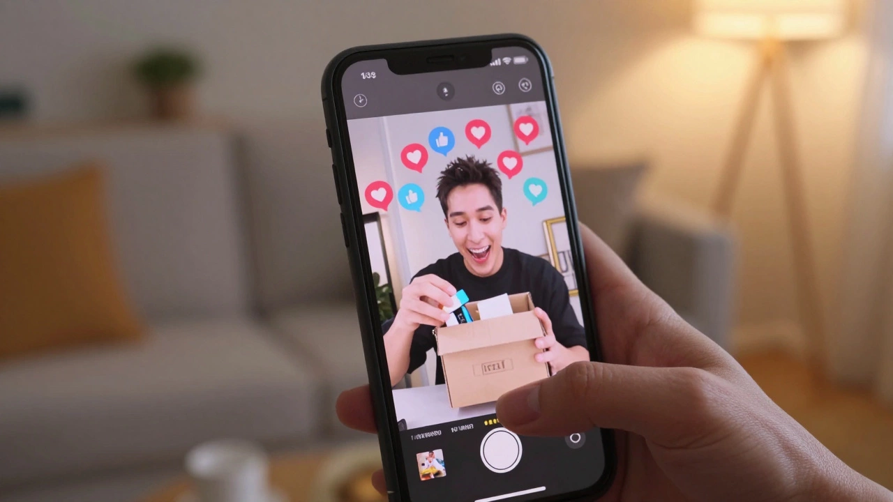 Hand holding a smartphone showing a product unboxing video on social media