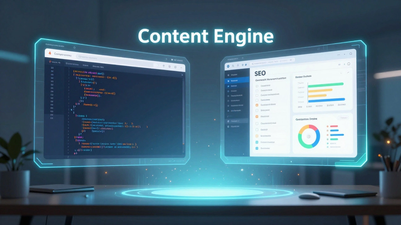 Holographic interface showing raw code and an SEO dashboard for website optimization.