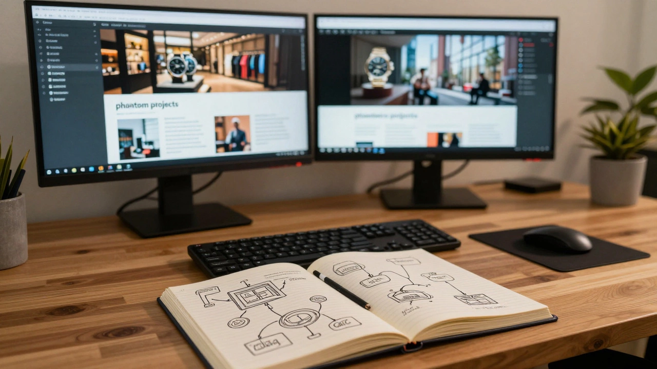 Home office showing a professional developer's portfolio of luxury websites on dual monitors