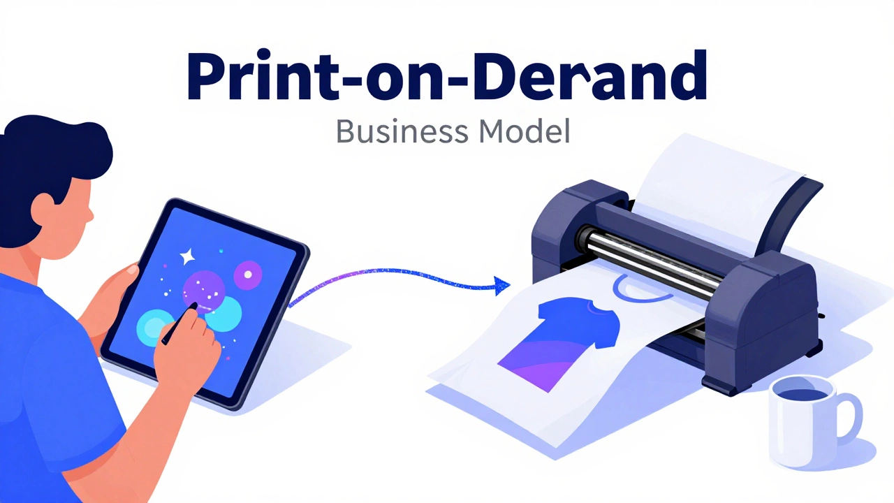 Illustration of digital design turning into printed t-shirts and mugs