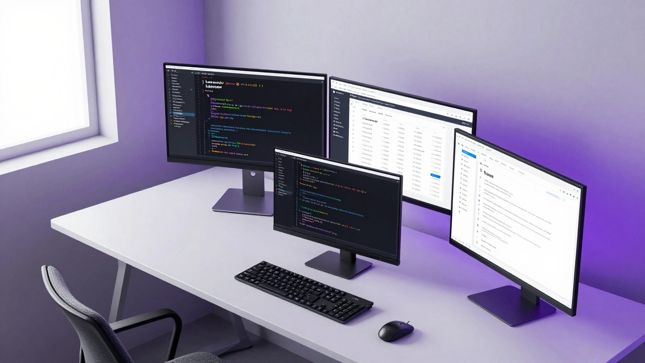 Modern workspace with screens showing Laravel code and WordPress dashboard.