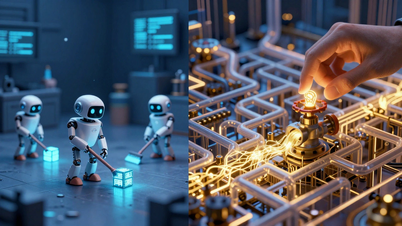 Robotic cleaning crew versus manual control of glowing digital circuitry.