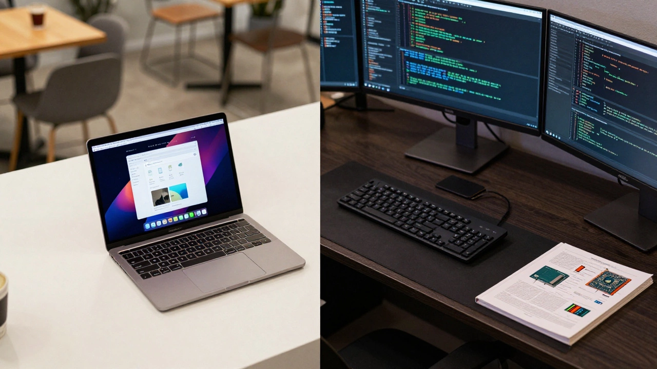 Side-by-side view of a lightweight web development setup and a heavy-duty C++ workstation.