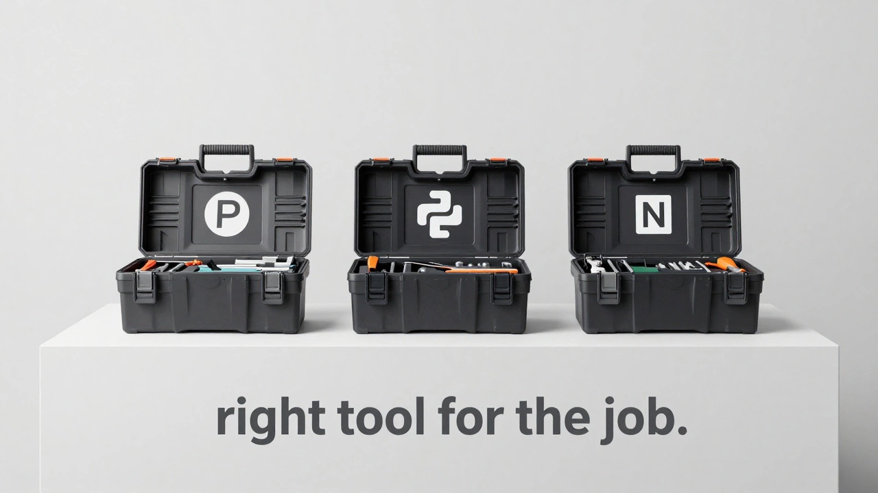 Three professional toolboxes representing PHP, Python, and Node.js on a white plinth