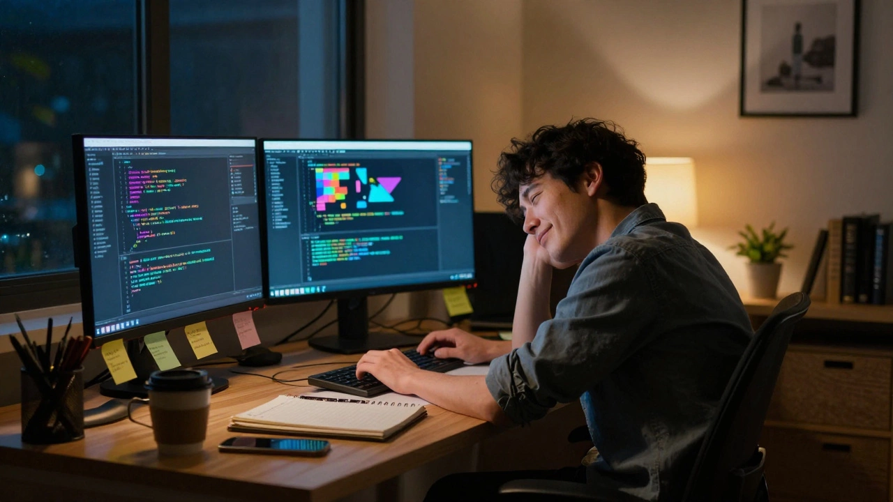 A focused learner celebrating a small victory in a cozy, dimly lit home office.