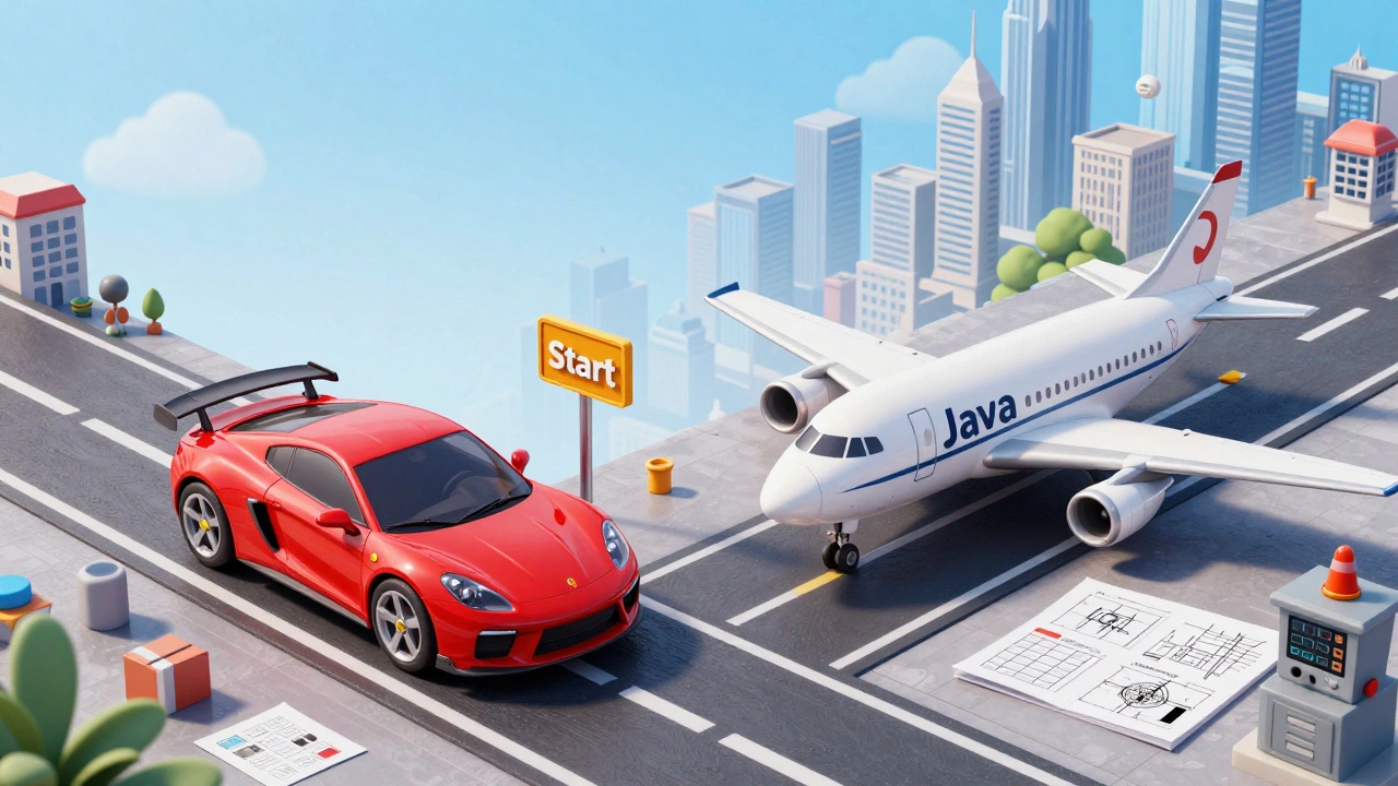 Car vs Jetplane metaphor illustrating PHP ease versus Java complexity