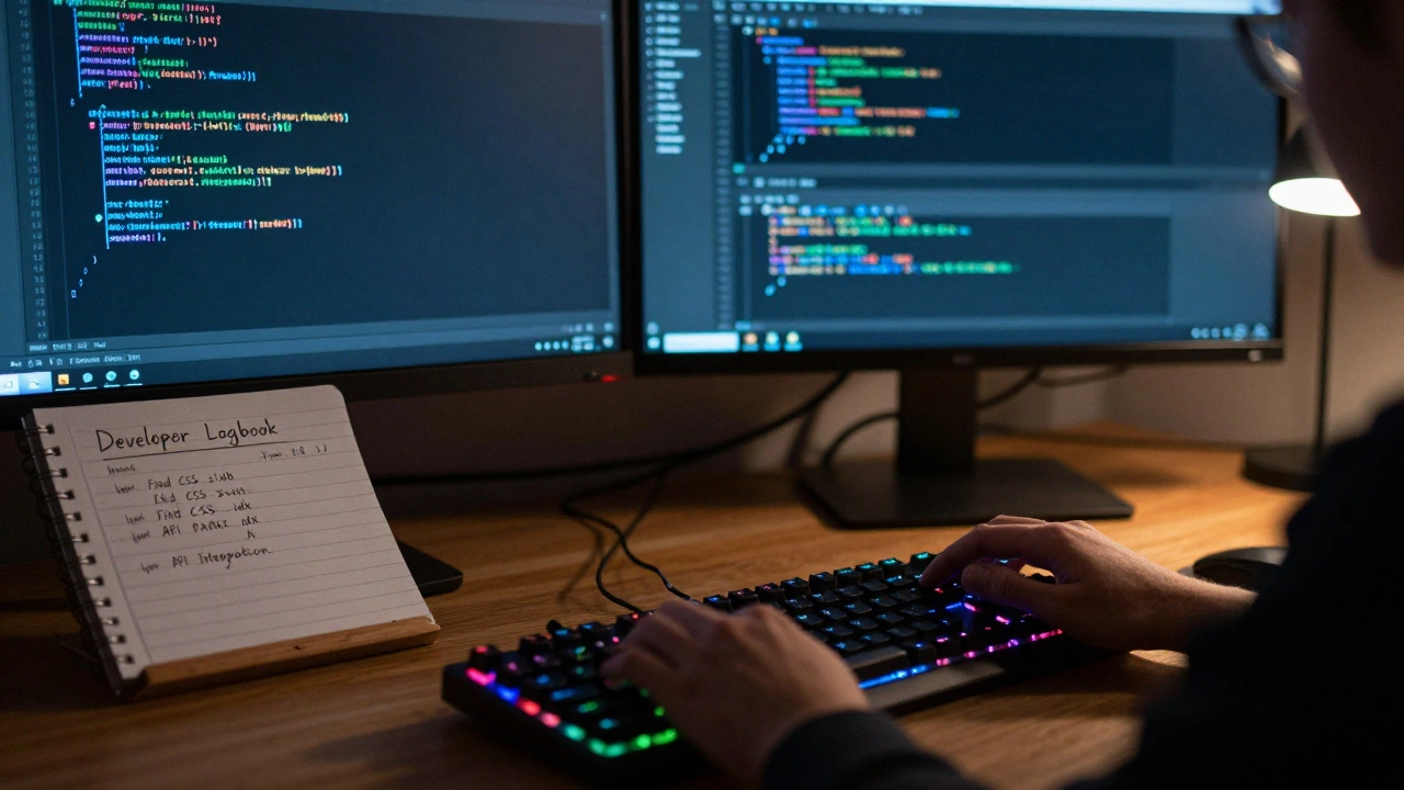 Close-up of hands coding late at night with a logbook tracking progress and debugging errors.