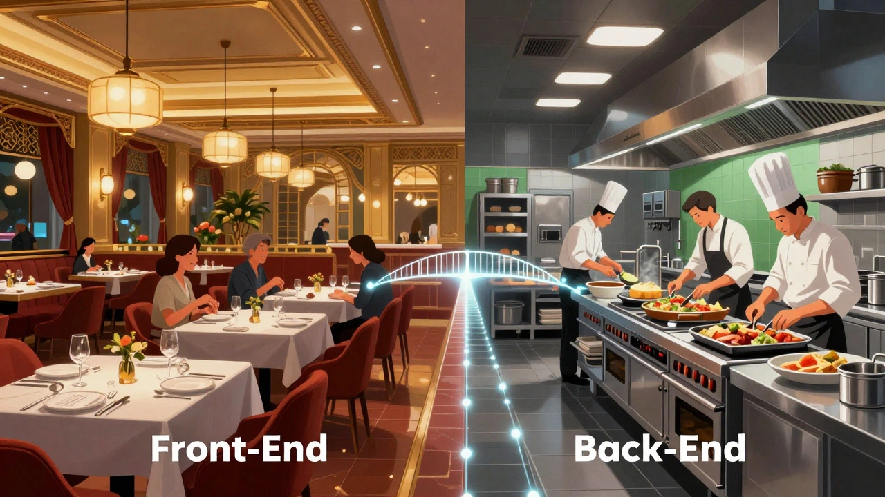 Conceptual art showing a restaurant dining room connected to a busy kitchen.