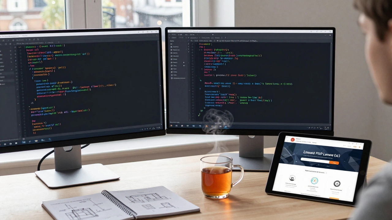 Developer desk with Java and PHP code screens for backend comparison