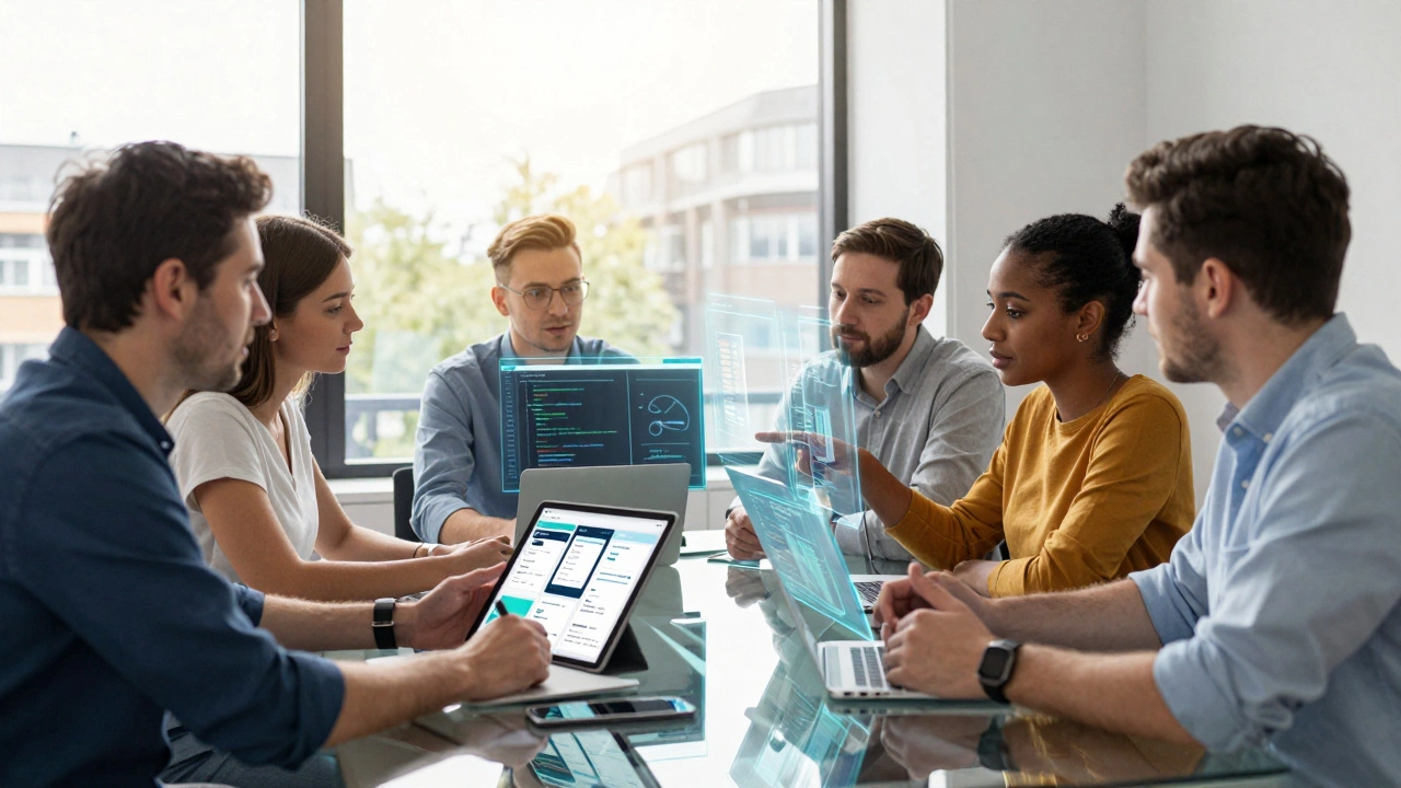 Developers collaborating on cross-platform apps in a modern office