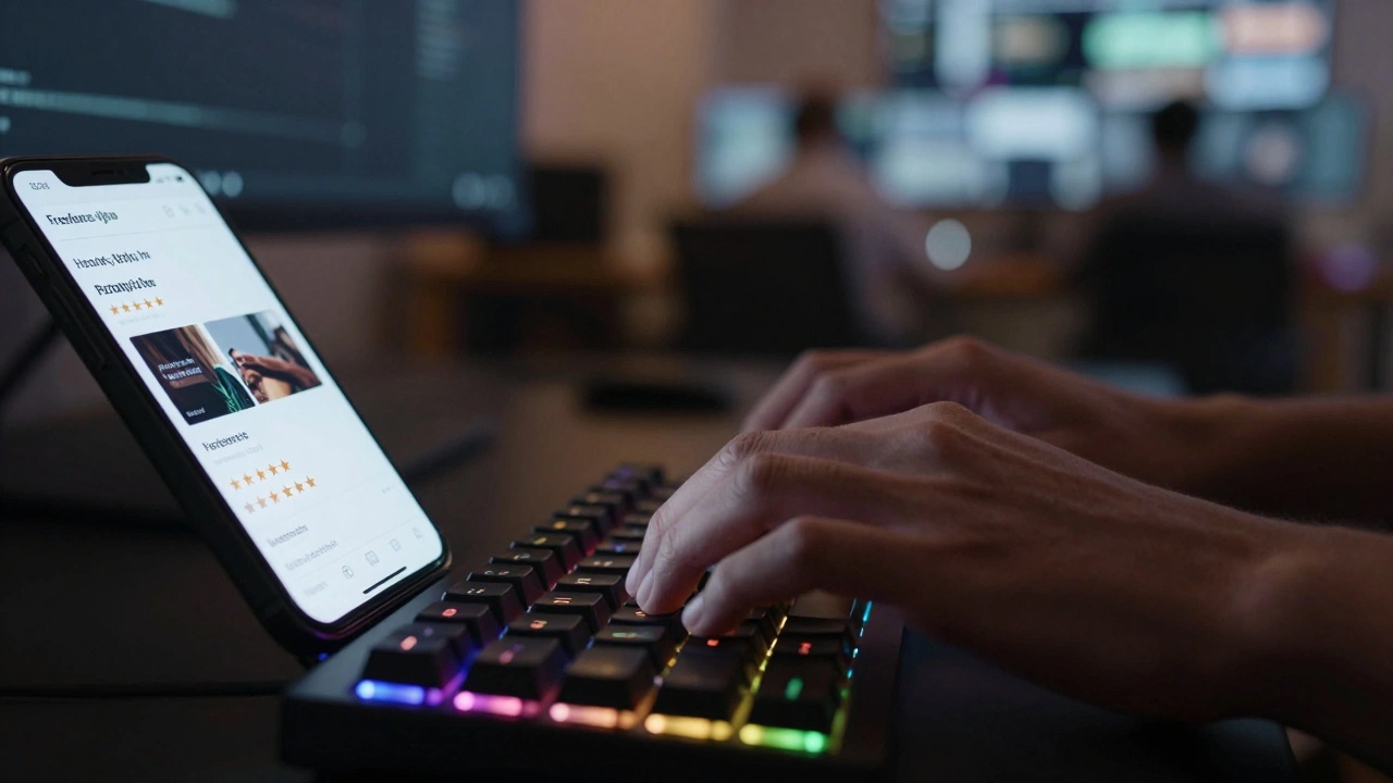 Hands typing on keyboard with freelance earnings on phone screen