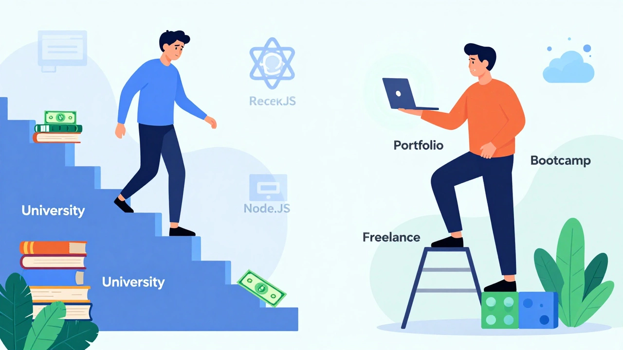 Illustration comparing university path vs portfolio career route