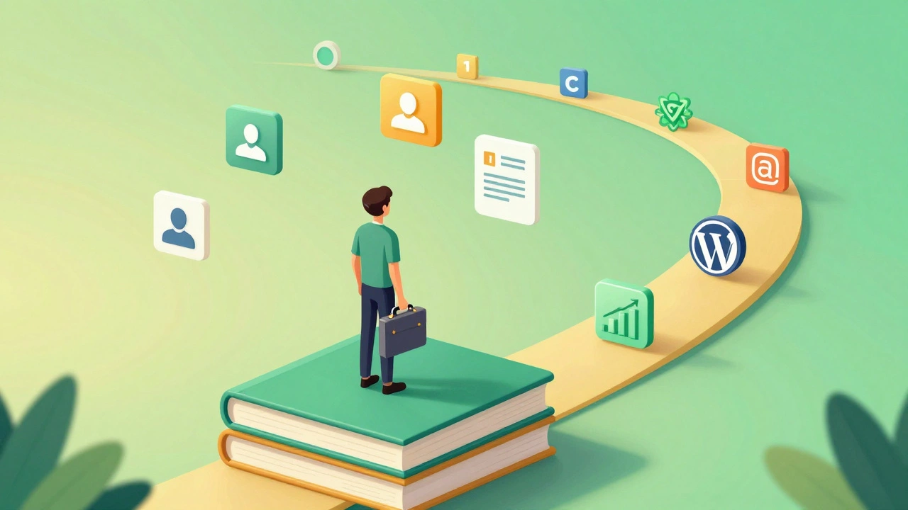 Isometric illustration of a developer climbing code blocks toward freelance business opportunities.