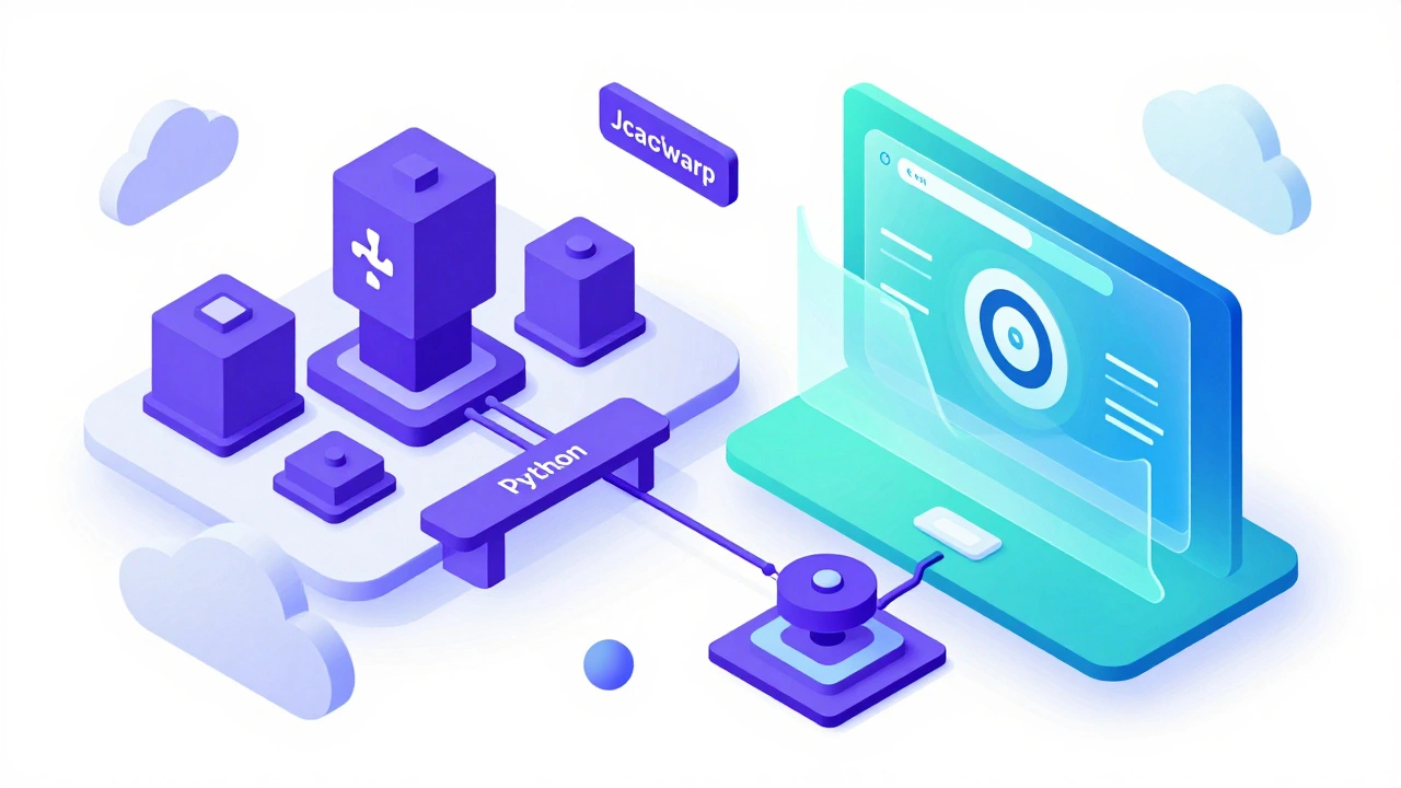 Isometric view of Python backend connecting to JavaScript frontend.
