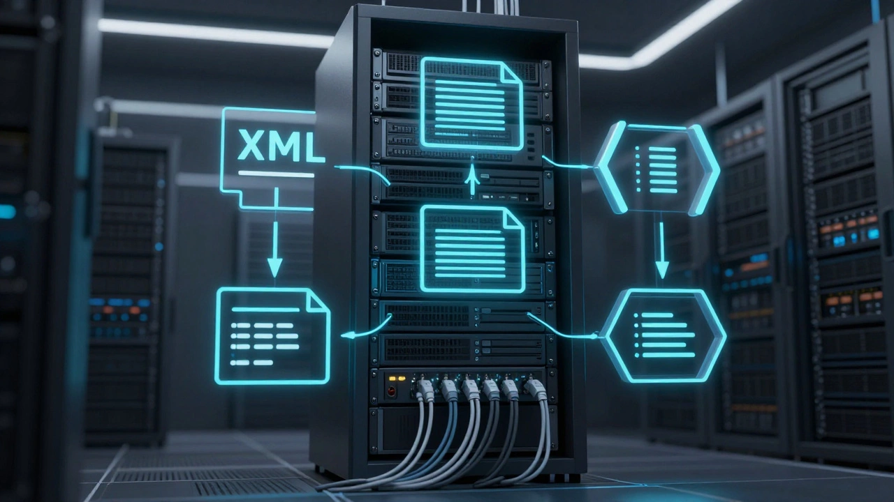 Server room with glowing XML data structures floating above hardware