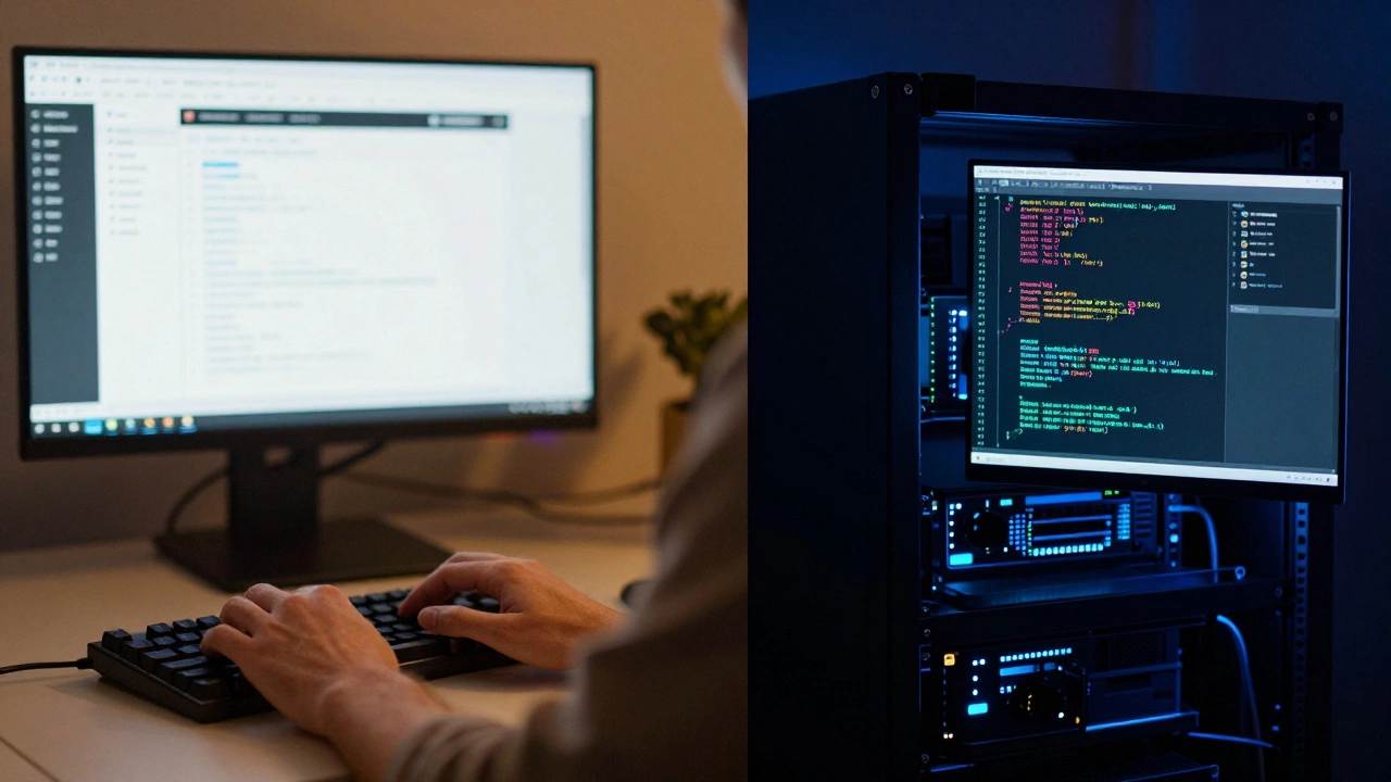 Split view of front-end design work and back-end server infrastructure environments.