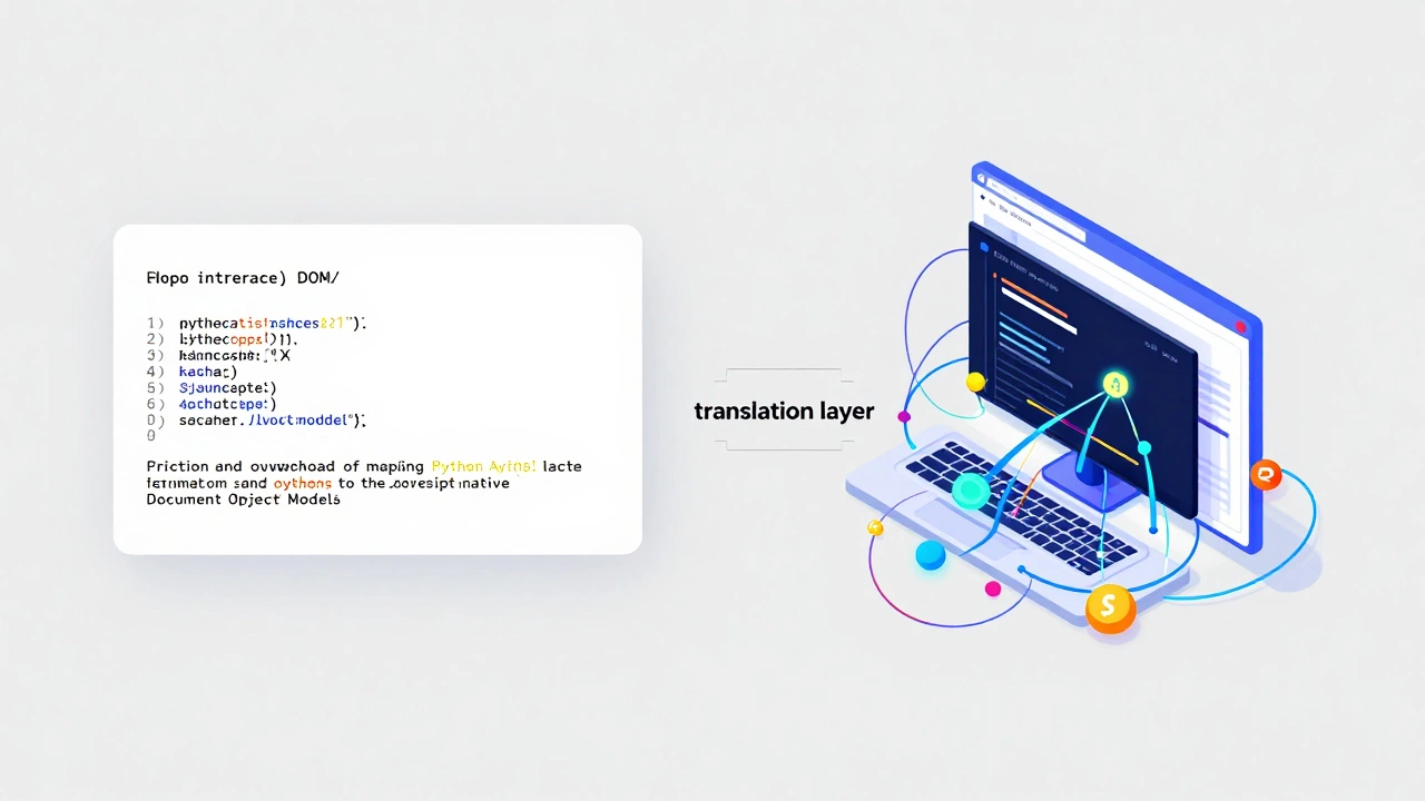 Split view showing Python code struggling to connect to DOM elements via JavaScript translation.