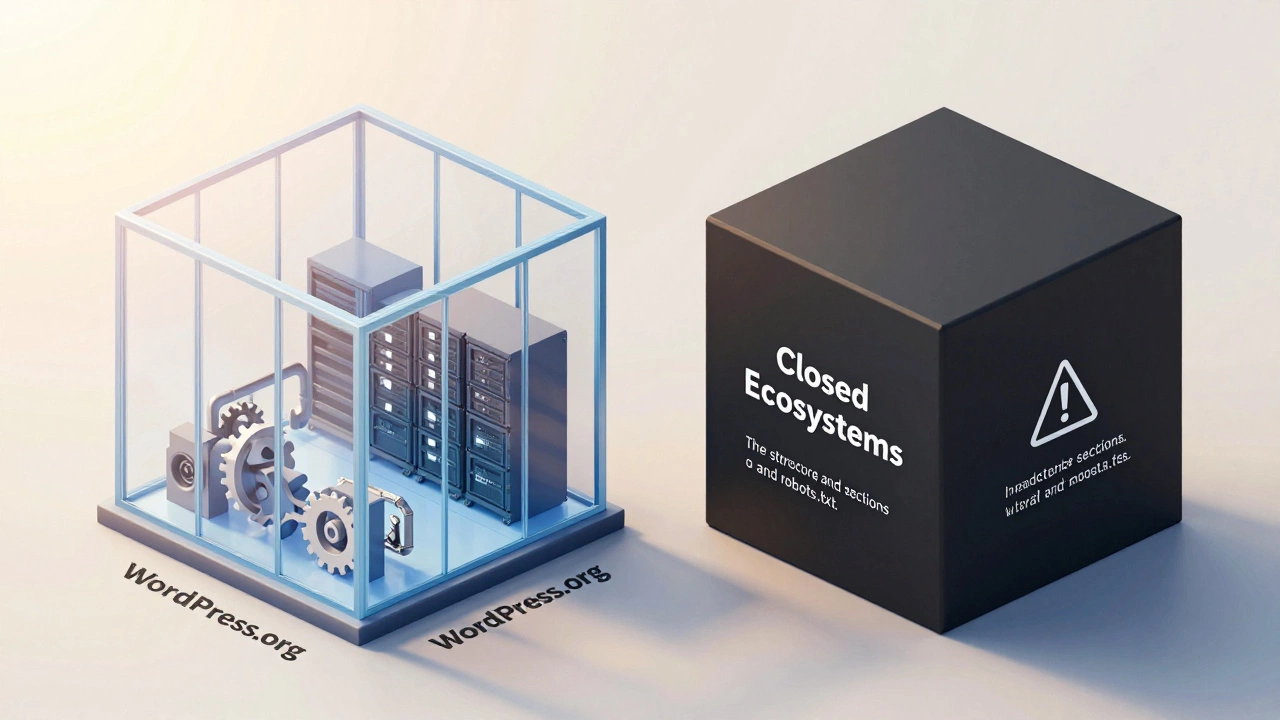 Transparent glass building vs opaque black box illustrating open vs closed web builder ecosystems.