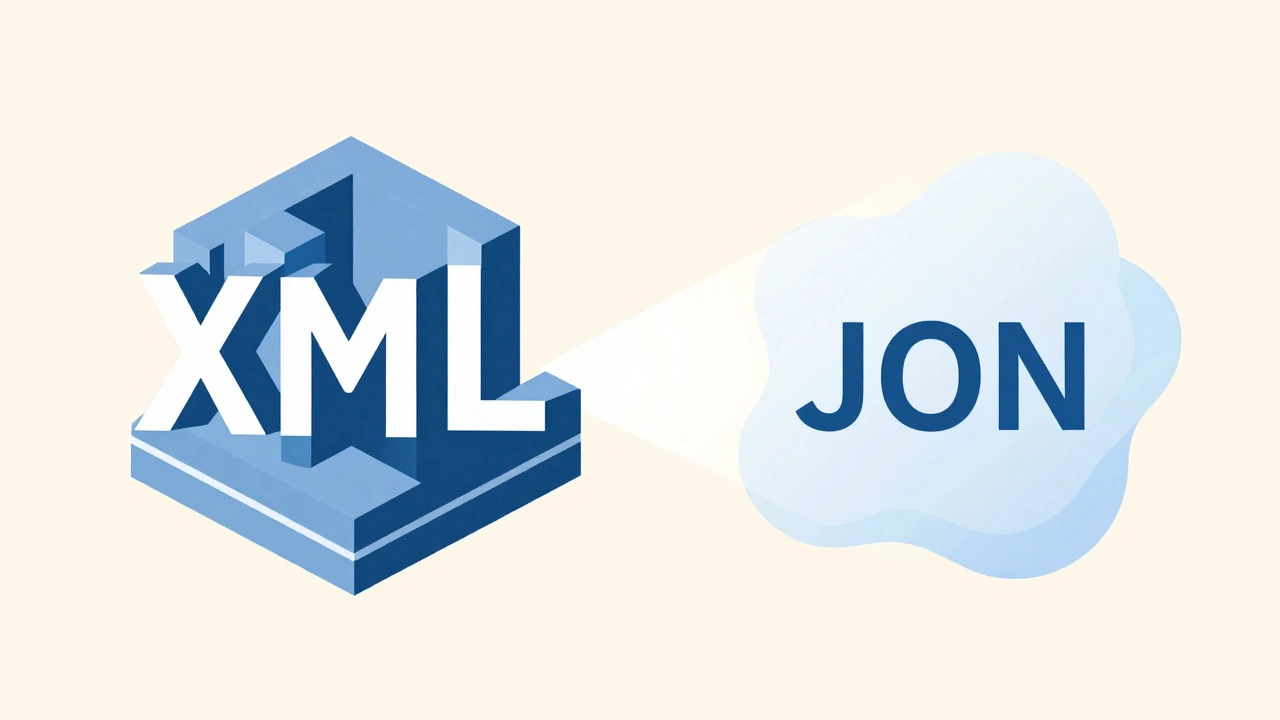 Visual comparison of rigid XML structure versus fluid JSON format