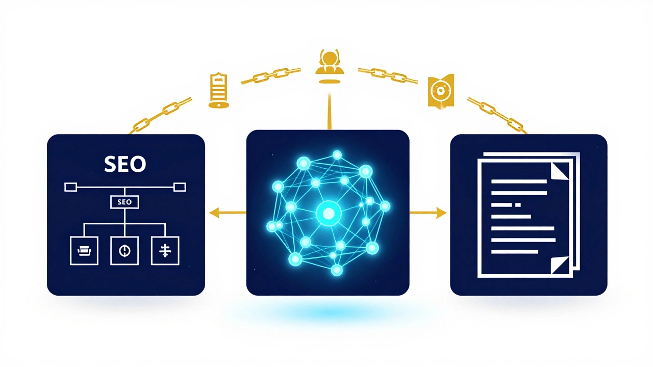 Abstract illustration of SEO pillars: technical structure, content, and links