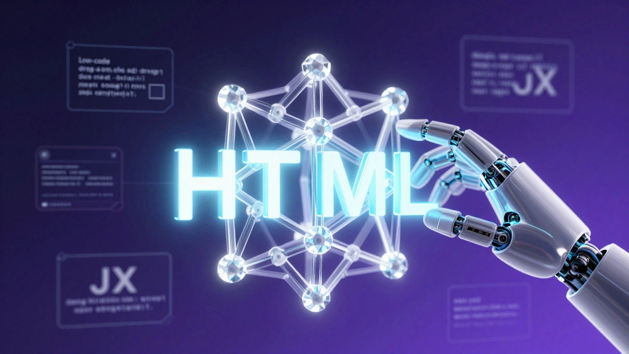 AI hand interacting with a glowing crystal lattice made of HTML tags.