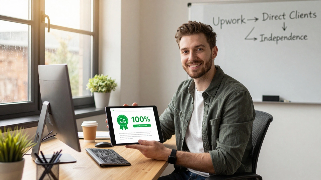 Developer smiling with Top Rated badge and independence roadmap